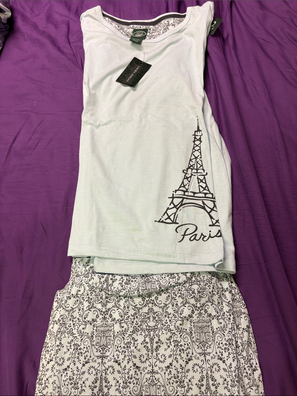 Laura Ashley Light Blue and Dark Grey Paris Tank Top & Printed Pajama Set
